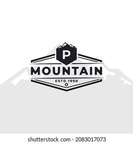 Vintage Emblem Badge Letter P Mountain Typography Logo for Outdoor Adventure Expedition, Mountains Silhouette Shirt, Print Stamp Design Template Element