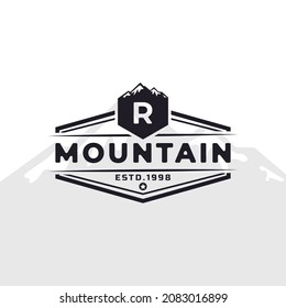 Vintage Emblem Badge Letter R Mountain Typography Logo for Outdoor Adventure Expedition, Mountains Silhouette Shirt, Print Stamp Design Template Element