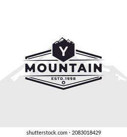 Vintage Emblem Badge Letter Y Mountain Typography Logo for Outdoor Adventure Expedition, Mountains Silhouette Shirt, Print Stamp Design Template Element