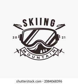 Vintage Emblem-Logo-Logo für Seehunde mit Ski-Snowboardbrille und Bergkonzept