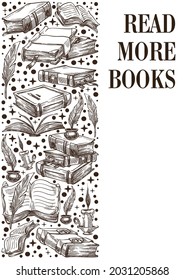 Vintage emblem or banner, read more books. Club or library slogan, monochrome sketch outline. School or university bookworm, invitation card or bookstore advertisements. Vector in flat style