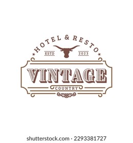 Vintage Emblem For Vintage Bar or Restaurant With Long Horn Icon Logo Design Inspiration