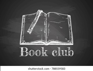 Vintage emblem of Book club on chalkboard. Drawn with chalk on blackboard.