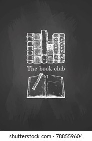 Vintage emblem of Book club on chalkboard. Drawn with chalk on blackboard.