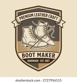Emblema vintage para um fabricante de botas especializado em artesanato de couro premium, com botas e ferramentas de costura.