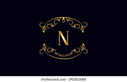 Vintage emblem. Calligraphic logo template with the letter N. Exquisite sign for a restaurant, royalty, jewelry, boutiques, cafes, hotels.