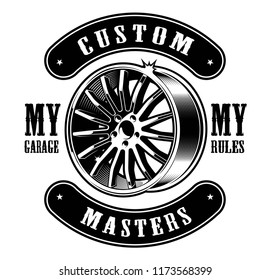 Vintage emblem of car disk on white background.
