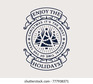 Vintage emblem with Christmas trees. Elegant typography badge for postcard, gift tag, print on holiday souvenir or web page decor. Vector illustration.