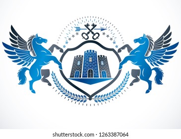 Vintage emblem created in vector heraldic design and composed using graceful mythic Pegasus, security keys and ancient tower.