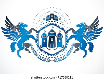 Vintage emblem created in vector heraldic design and composed using graceful mythic Pegasus and ancient tower.