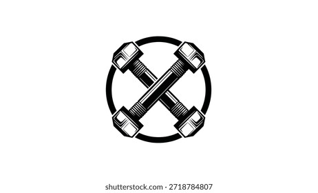 Um emblema vintage com dois halteres cruzados dentro de um círculo, simbolizando a força e a aptidão.
