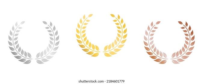 Vintage Emblem Gold Bronze Silver Champion Prize Certificate. Laurel Wreath for Winner Icon Set. Award Victory Circle Leaf Olive Branch Greek Icon. Decoration Isolated Vector Illustration.