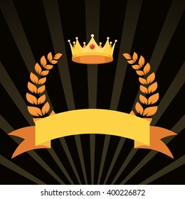 Vintage emblem of gold crown with branches and a banner with rays on black background