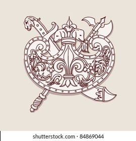 Vintage emblem - hand draw sketch doric architectural order based "The Five Orders of Architecture" is a book on architecture by Giacomo Barozzi da Vignola from 1593. Vector illustration.