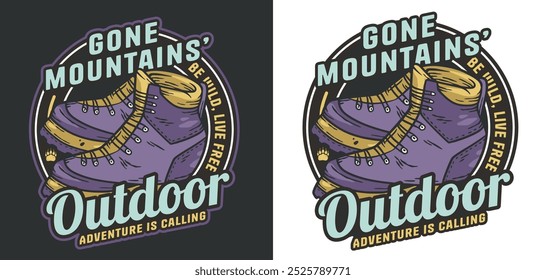 Vintage emblem of hiking boots for outdoor adventures, perfect for camping trips. Evokes exploration and nature love, ideal for logos. Ideal for mountain and travel enthusiasts