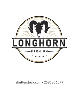 Vintage emblem logo design with a vector illustration of a Texas Longhorn bull in a rural setting