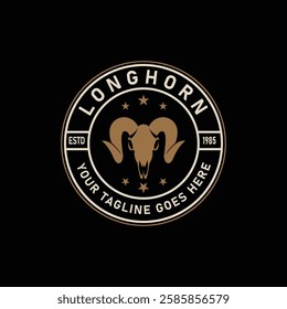 Vintage emblem logo design with a vector illustration of a Texas Longhorn bull in a rural setting