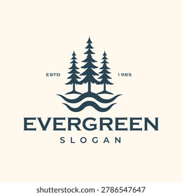 Vintage Emblem Logo Featuring Pine Trees With River Waves In A Minimalist Outdoor Style Suitable For Resorts, Camping, Forestry, Coffee, And Apparel Brands