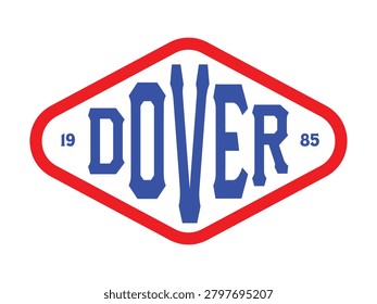 A vintage emblem logo featuring the word DOVER in bold blue font, flanked by the year 1985 inside a red geometric diamond frame.