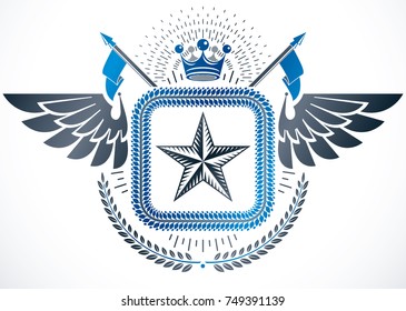 Vintage emblem made in vector heraldic design and composed using monarch crown, pentagonal stars and laurel wreath