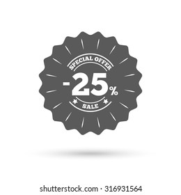 Vintage emblem medal. 25 percent discount sign icon. Sale symbol. Special offer label. Classic flat icon. Vector