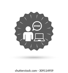 Vintage emblem medal. BYOD sign icon. Bring your own device symbol. User with laptop and speech bubble. Classic flat icon. Vector