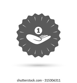 Vintage emblem medal. Donation hand sign icon. Hand holds coin. Charity or endowment symbol. Human helping hand palm. Classic flat icon. Vector