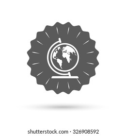 Vintage emblem medal. Globe sign icon. World map geography symbol. Globe on stand for studying. Classic flat icon. Vector