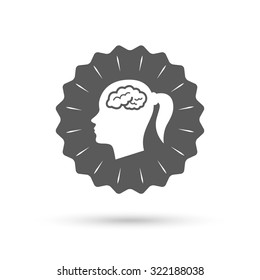 Vintage emblem medal. Head with brain sign icon. Female woman human head think symbol. Classic flat icon. Vector