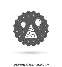 Vintage emblem medal. Party hat sign icon. Birthday celebration symbol. Air balloon with rope. Classic flat icon. Vector