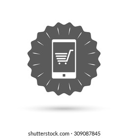 Vintage emblem medal. Smartphone with shopping cart sign icon. Online buying symbol. Classic flat icon. Vector