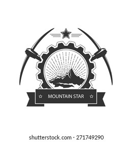 Vintage emblem of the mining industry, label and badge mine shaft, black and white vector illustration 