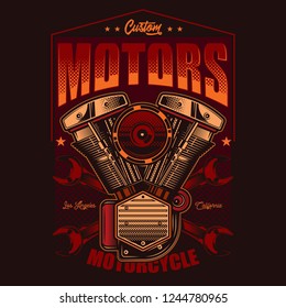 Vintage emblem. The motorcycle engine in the background of wrenches. Vector illustration. T-shirt design.