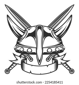 Vintage emblem with ribbon serious medieval nordic warrior horned helmet and battle sword isolated vector illustration