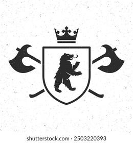 Vintage emblem with shield, crown, Axes and Bear silhouette. Heraldry, Crest template. Vector illustration