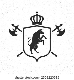 Vintage emblem with shield, crown, Axes and Bull silhouette. Heraldry, Crest template. Vector illustration