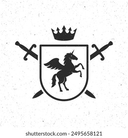 Vintage emblem with shield, crown, Swords and horse silhouette. Heraldry, Crest template. Vector illustration