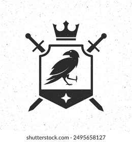 Vintage emblem with shield, crown, Swords and Raven silhouette. Heraldry, Crest template. Vector illustration