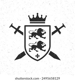 Vintage emblem with shield, crown, Swords and lions silhouette. Heraldry, Crest template. Vector illustration