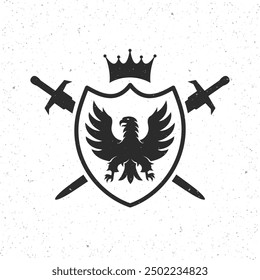 Vintage Emblem mit Schild, Krone, Schwerter und Adler Silhouette. Heraldry, Wappen-Vorlage. Vektorgrafik