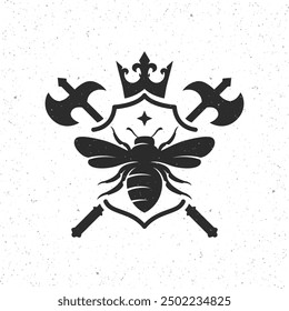 Vintage emblem with shield, crown, Swords and Bee silhouette. Heraldry, Crest template. Vector illustration