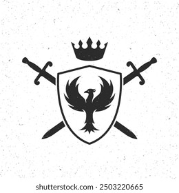 Vintage emblem with shield, crown, swords and Phoenix silhouette. Heraldry, Crest template. Vector illustration