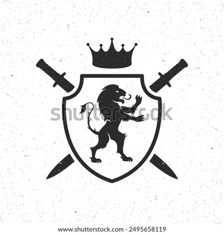 Vintage emblem with shield, crown, Swords and lion silhouette. Heraldry, Crest template. Vector illustration