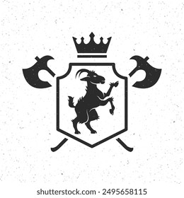 Vintage emblem with shield, crown, Tridents and Goat silhouette. Heraldry, Crest template. Vector illustration