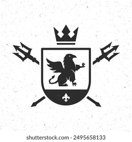 Vintage emblem with shield, crown, Tridents and Griffin silhouette. Heraldry, Crest template. Vector illustration