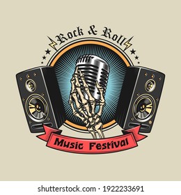 Vintage emblem with skeleton hand holding microphone. Engraving design elements with mic, speakers and text. Rock music festival and entertainment concept for band stamp, label, sign template