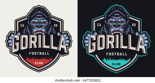 Vintage emblem of soccer team with cruel gorilla mascot holding football club lettering on dark and light backgrounds isolated vector illustration