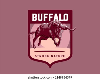 Vintage emblem with strong muscular bull illustration. Vector illustration.