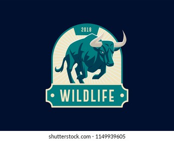 Vintage emblem with strong muscular bull illustration. Vector illustration.