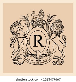 Vintage emblem with such heraldic elements as lion, unicorn, crown, ribbon, floral scroll. Vector illustration